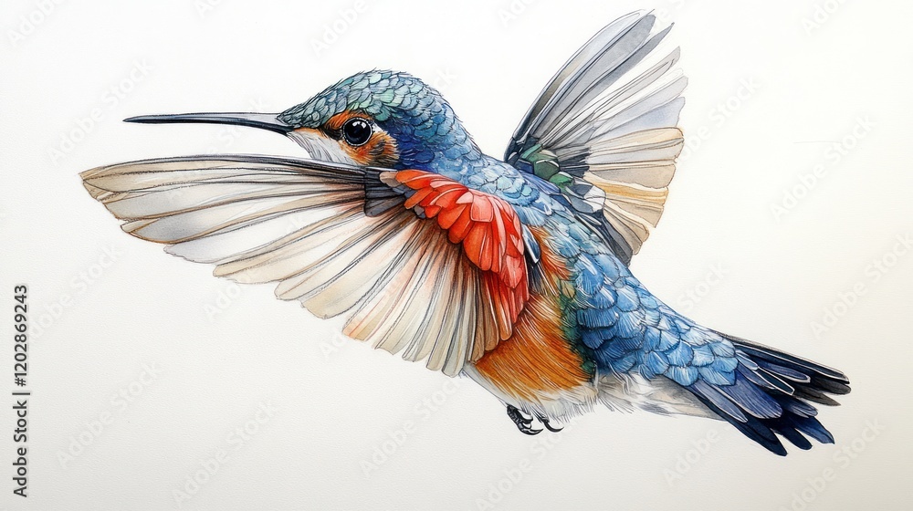 Obraz premium Colorful hummingbird in mid-flight showcasing intricate feather details against a plain background