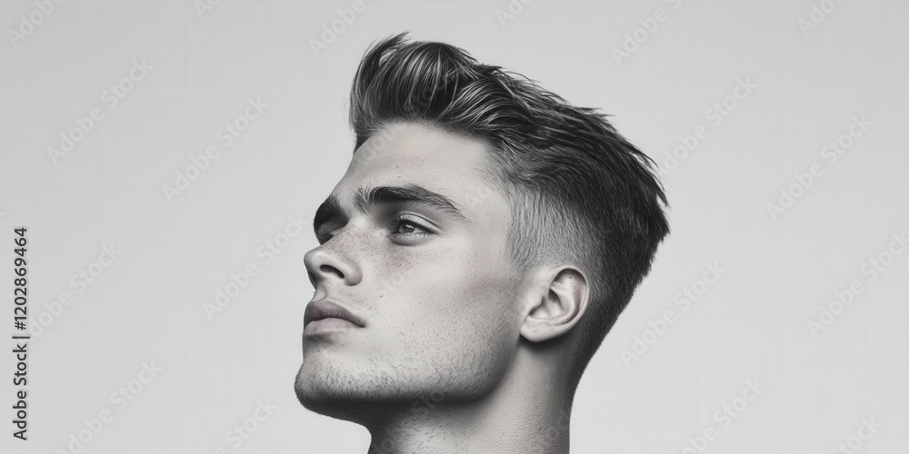 Portrait of a Stylish Young Man with Modern Haircut Against a Neutral Background, Capturing Elegance and Confidence in a Minimalist Style. Portrait of a Stylish Young Man with Modern Haircut Against a Neutral Background, Capturing Elegance and Confidence in a Minimalist Style.