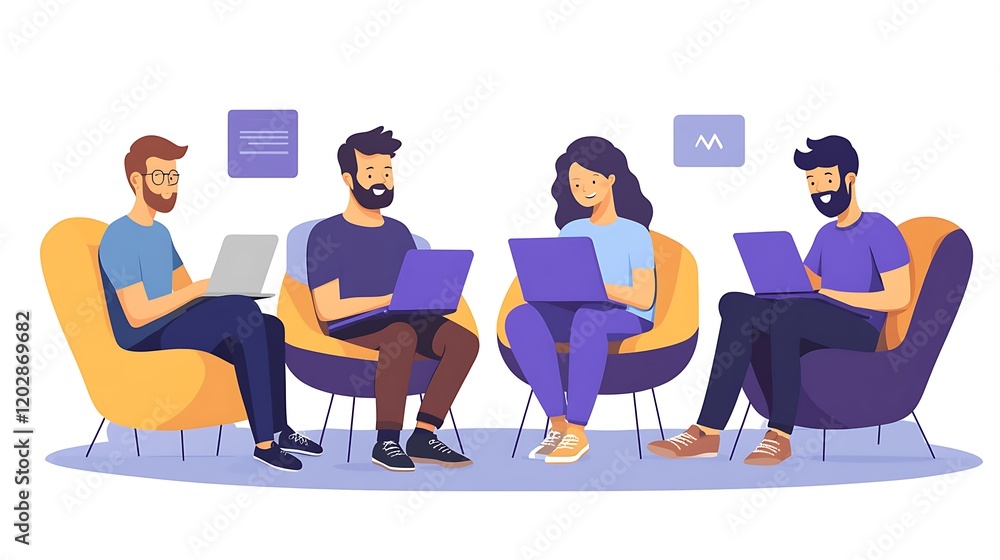 Colleagues in a coworking space, working on their laptops. Colleagues in a coworking space, working on their laptops.