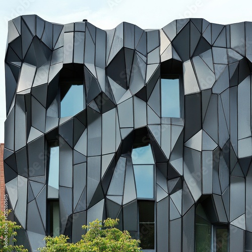 Modern Facade with Geometric Patterns: A close-up view of a modern building facade, showcasing a bold and abstract design of geometric panels in shades of gray.