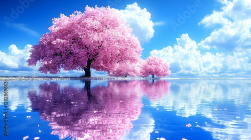 Pink cherry trees reflect in calm lake, sunny day photo