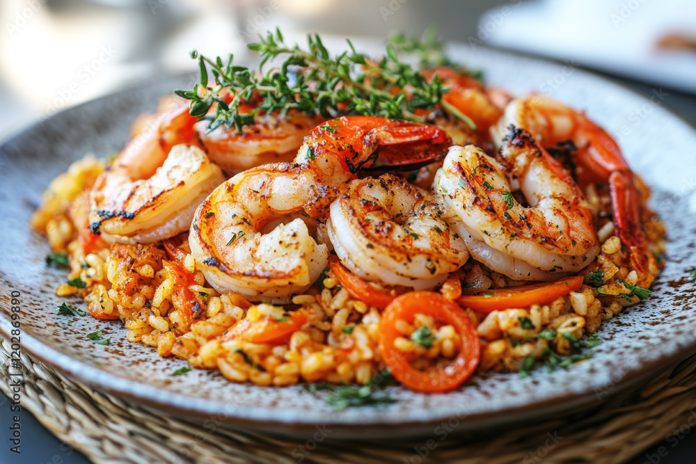 Shrimp fried rice, A flavorful dish of shrimp served on a bed of seasoned rice, garnished with herbs and red peppers, showcasing vibrant colors and appetizing presentation. Shrimp fried rice, A flavorful dish of shrimp served on a bed of seasoned rice, garnished with herbs and red peppers, showcasing vibrant colors and appetizing presentation.