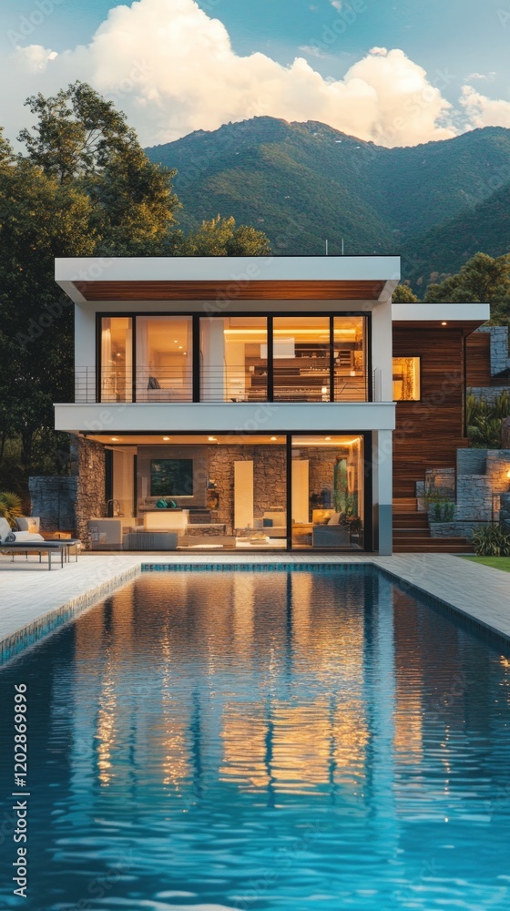 custom made wallpaper toronto digitalModern house with infinity pool at sunset, mountain view.