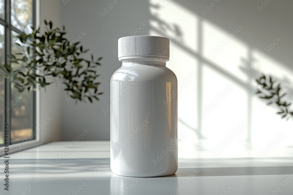 Simple and Minimalistic Vitamin Bottle with White Cap - Mockup Concept for Health Supplements Branding Simple and Minimalistic Vitamin Bottle with White Cap - Mockup Concept for Health Supplements Branding