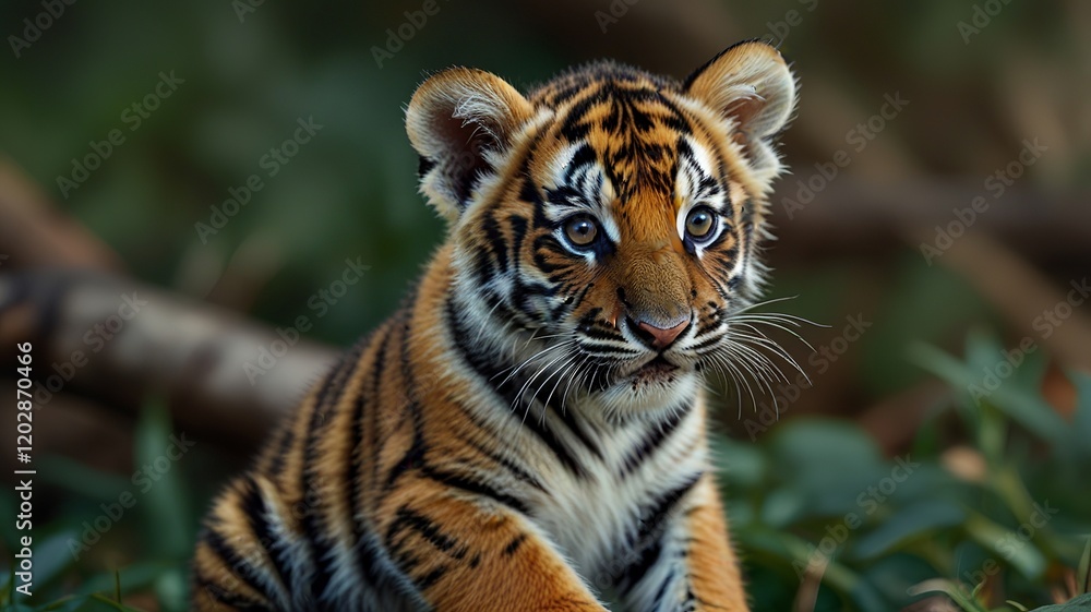 Obraz premium A young tiger cub with striking orange and black stripes, gazing curiously amidst lush greenery.