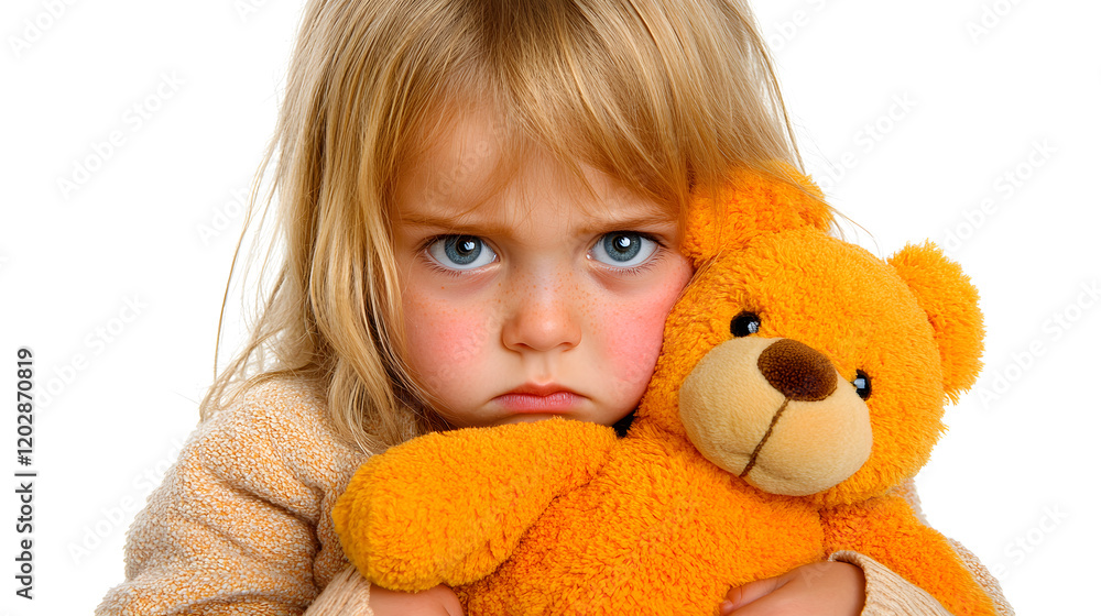 A young girl is holding a teddy bear and looking sad A young girl is holding a teddy bear and looking sad