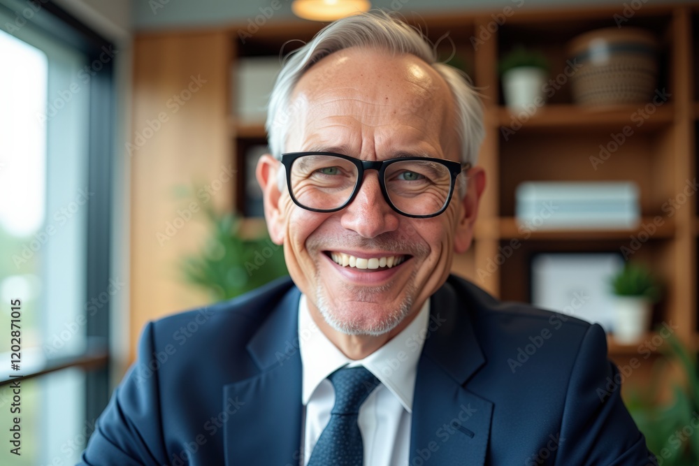 Fototapeta premium Professional Middle-Aged Businessman with Glasses Smiling in Modern Office Setting, Showcasing Confidence and Approachability for Business Concepts