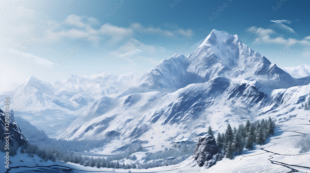 Obraz premium Realistic Snowy Mountain Landscape with Smooth Snow Textures,Snowy Mountain Landscape on White Background,Snowy Mountain Landscape Isolated, blue sky,Majestic mountain range triptych,Generative Ai