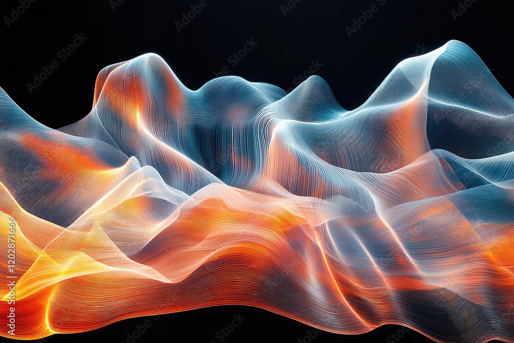 Fototapeta premium Colorful wisps of smoke flowing gracefully, forming a layered wave-like effect with glowing edges.