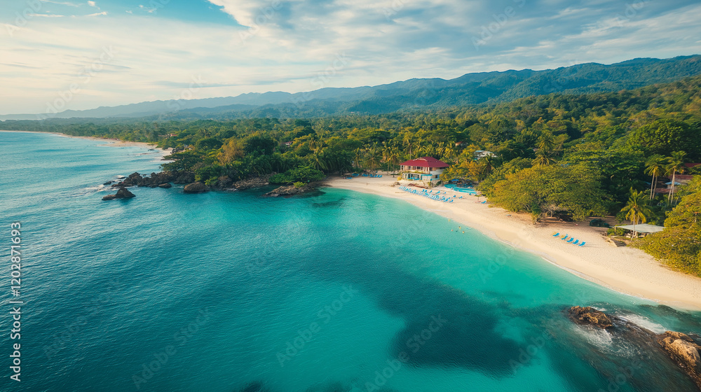 Obraz premium Tropical Sandy Beach with Soft Blue Ocean Waves and Clear Water