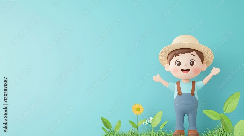 Obraz premium A cheerful cartoon boy in a straw hat stands in a green field with flowers against a blue background.