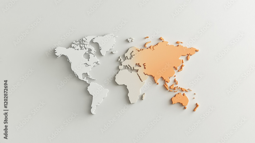 Educational map of world highlighting Asia in orange, showcasing geographical features and continents Educational map of world highlighting Asia in orange, showcasing geographical features and continents