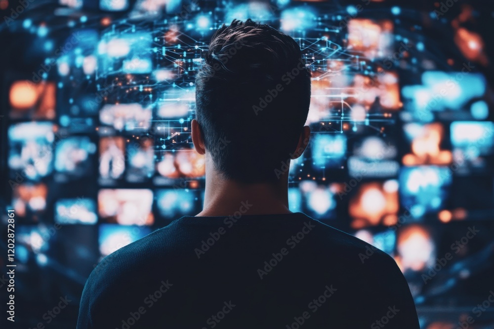 Backview of Caucasian Man Connecting to Animated Stream of Content, Exploring Metaverse Big Data, Social Media, and Influencers. Backview of Caucasian Man Connecting to Animated Stream of Content, Exploring Metaverse Big Data, Social Media, and Influencers.