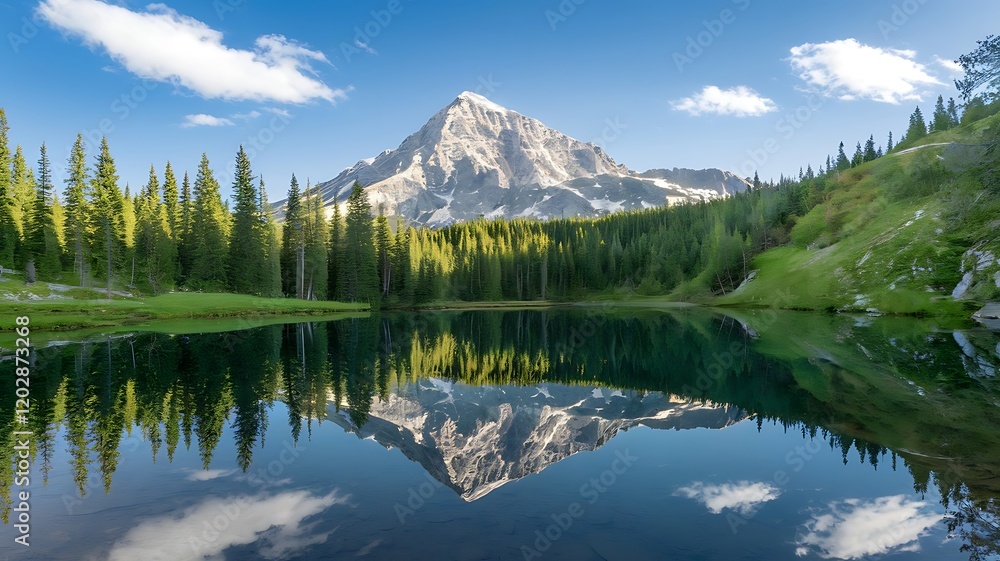 Fototapeta premium Pristine Alpine Lake with Snow-Capped Mountain and Evergreen Forest