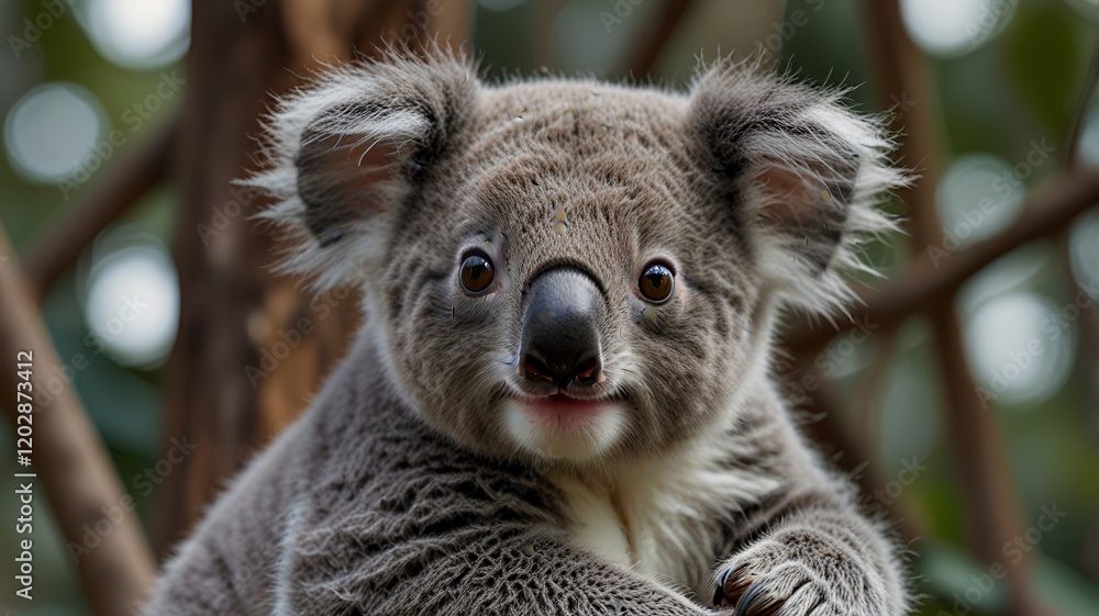 Fototapeta premium A close-up of a koala with soft gray fur and large round ears, set against a blurred green background, exuding curiosity and playfulness.