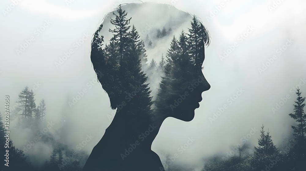 Serene Woman Silhouette Double Exposure Misty Forest in Mind Nature Concept Serene Woman Silhouette Double Exposure Misty Forest in Mind Nature Concept