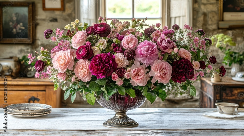 Luxurious pink and burgundy flower arrangement in antique vase, rustic interior. Wedding, event decor Luxurious pink and burgundy flower arrangement in antique vase, rustic interior. Wedding, event decor