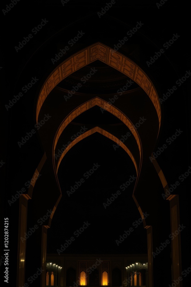 Fototapeta premium Islamic arch at night, high-definition. Dark and gold tones, detailed focus, pure black, deep shadows, architectural art style 