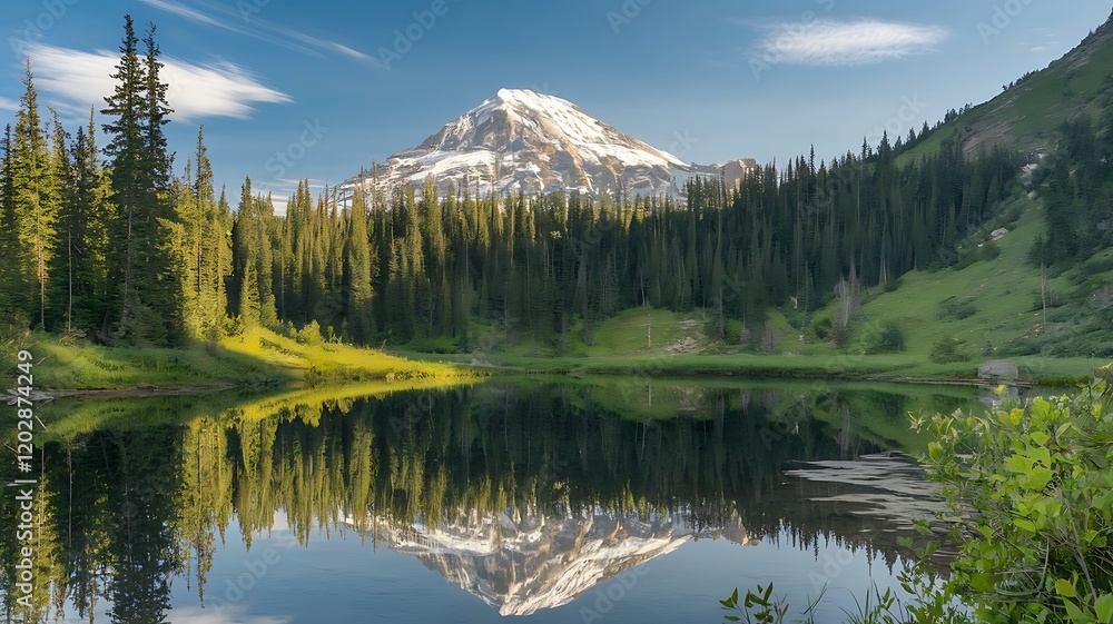 Pristine Alpine Lake with Snow-Capped Mountain and Evergreen Forest Pristine Alpine Lake with Snow-Capped Mountain and Evergreen Forest