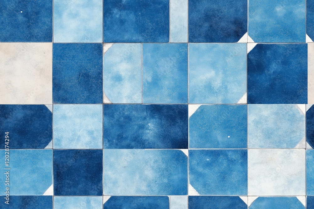 Vibrant Blue Mosaic Tile Pattern: A Beautiful Blend of Different Shades of Blue with Distinctive Geometric Square Designs for Interior Decoration Vibrant Blue Mosaic Tile Pattern: A Beautiful Blend of Different Shades of Blue with Distinctive Geometric Square Designs for Interior Decoration