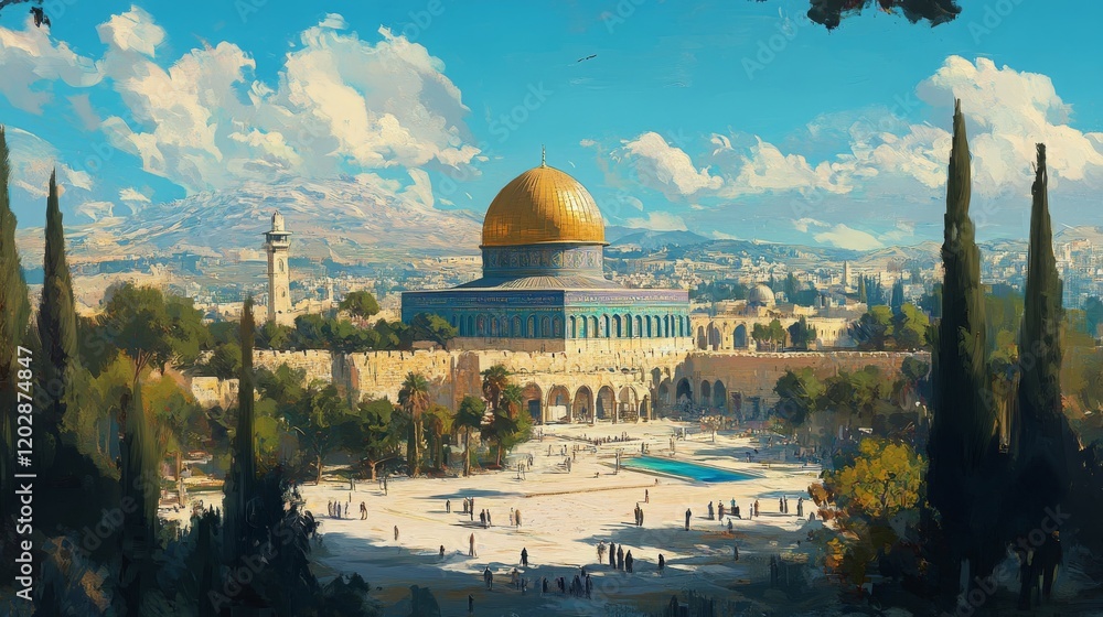 Fototapeta premium A vibrant depiction of a historic mosque with a golden dome and surrounding landscape.