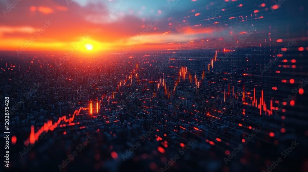 Fototapeta premium A sunset view over a cityscape, integrated with abstract financial data visualization.