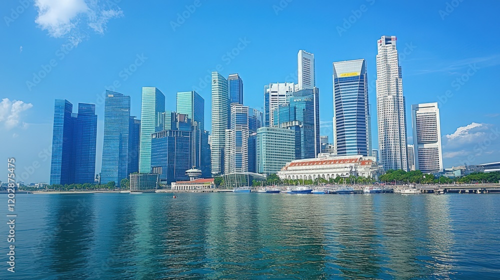 Stunning cityscape skyline with modern skyscrapers reflected in calm water under a bright blue sky. Stunning cityscape skyline with modern skyscrapers reflected in calm water under a bright blue sky.