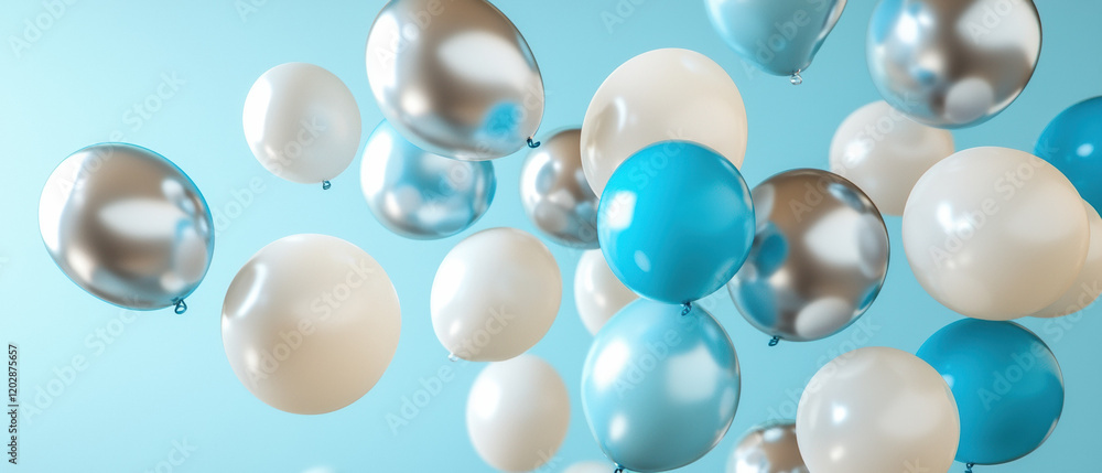 Floating balloons in blue, silver, and white create festive atmosphere. Perfect for celebrations and parties Floating balloons in blue, silver, and white create festive atmosphere. Perfect for celebrations and parties