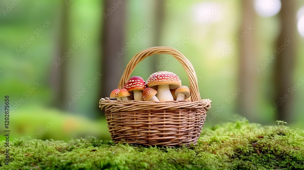 Basket of fly agaric mushrooms in a mossy forest. Basket of fly agaric mushrooms in a mossy forest.