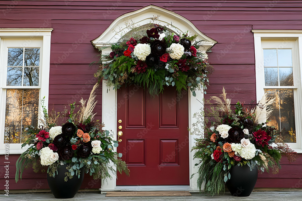 Fototapeta premium Red door floral autumn arrangement