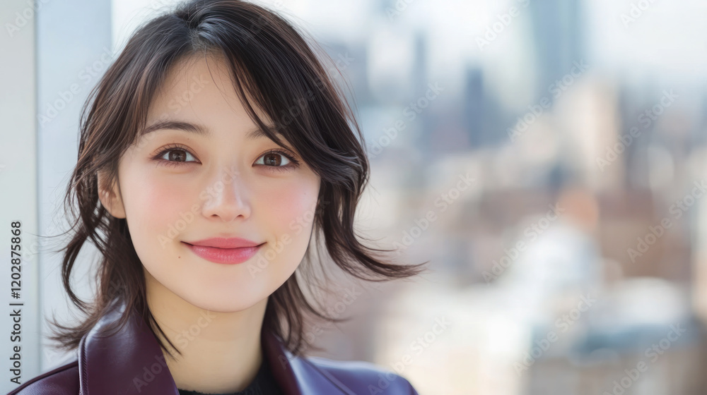 Japanese woman wearing purple attire standing at Manhattan city skyline