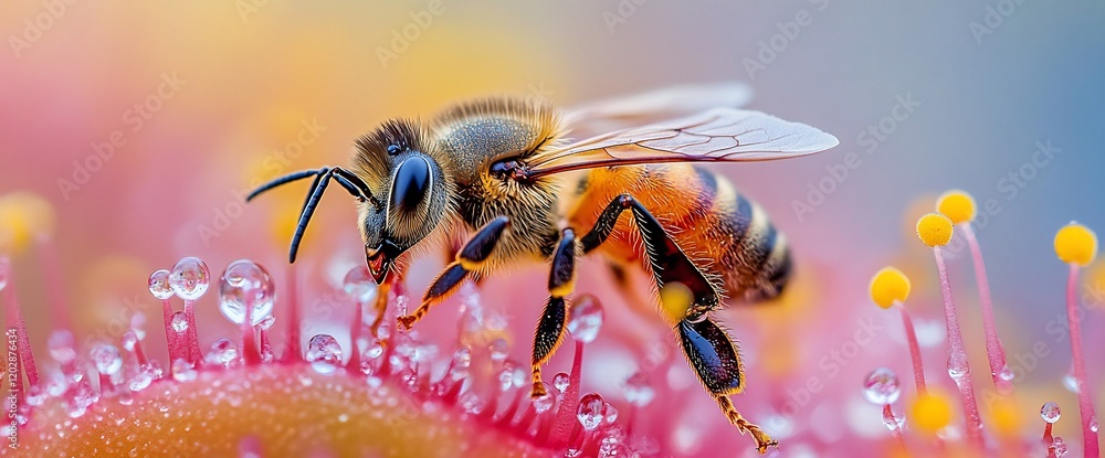Naklejka premium Honeybee pollinating dew-covered flower, vibrant background, nature