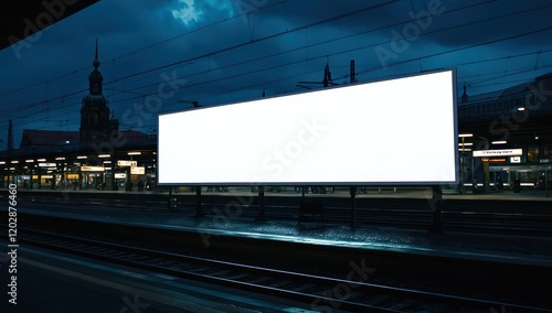 Fototapeta Naklejka Na Ścianę i Meble -  Clean train station billboard, perfect for branding in moody urban context.