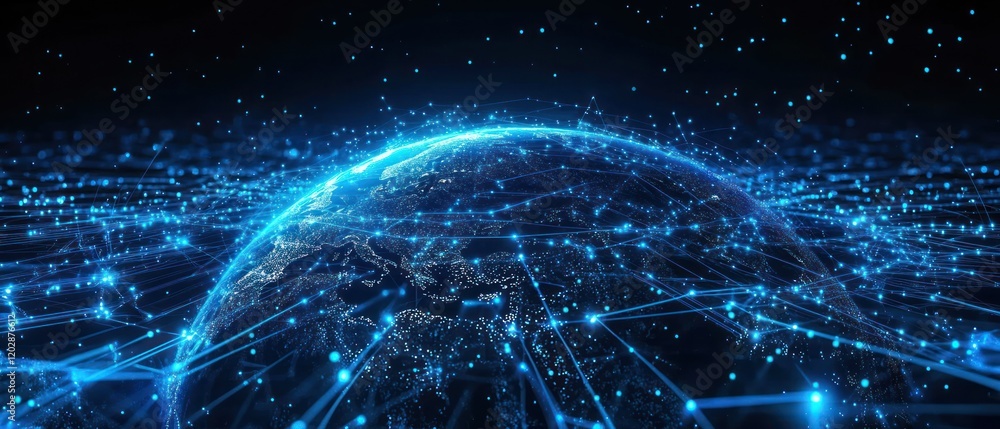 Obraz premium Futuristic digital landscape showcasing a glowing Earth surrounded by data streams