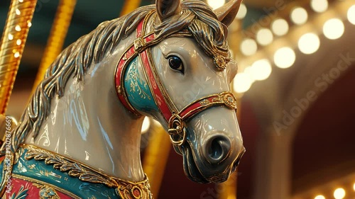 Beautifully crafted wooden carousel horse with intricate detailing in a colorful amusement park setting