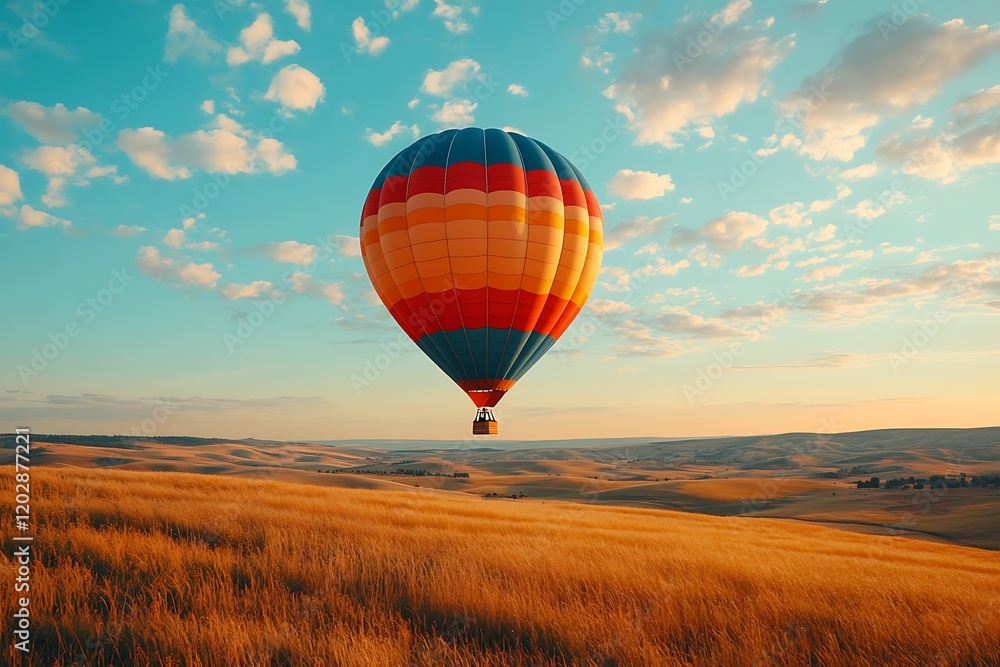 Obraz premium Hot air balloon flight over golden fields at sunset