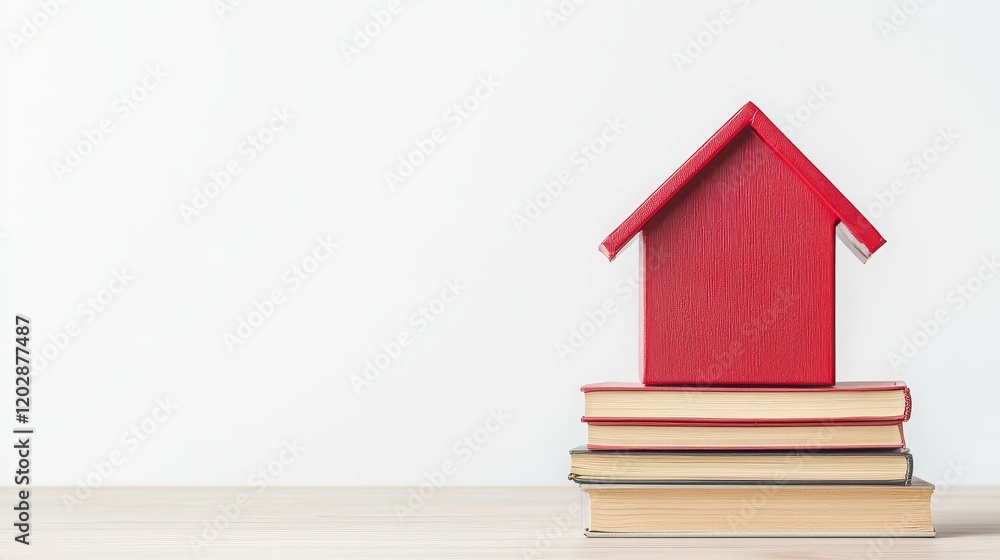 A red house figurine sits atop stacked books, symbolizing home and knowledge. A red house figurine sits atop stacked books, symbolizing home and knowledge.