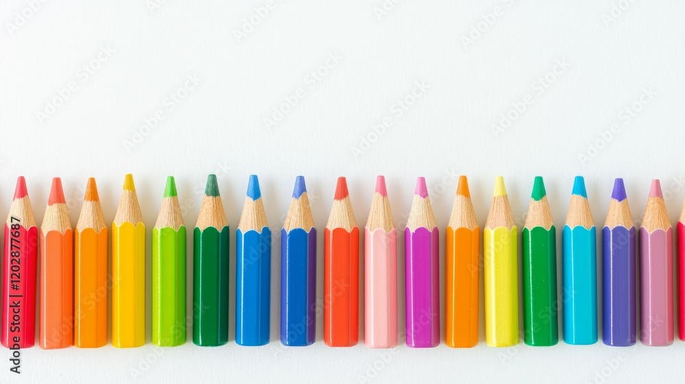 Fototapeta premium A row of colorful pencils arranged neatly on a white background.