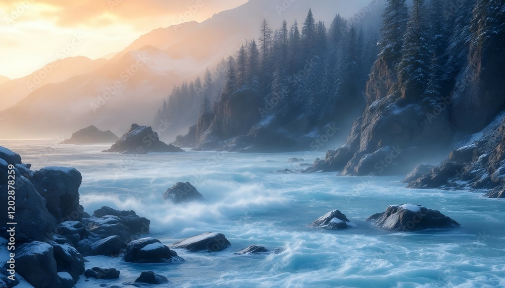 Fototapeta premium Serene Winter Coastline Sunrise Landscape Photography