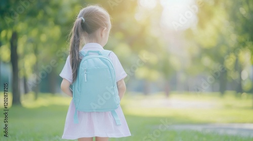 A young girl with a backpack stands in a sunlit park, ready for an adventure.