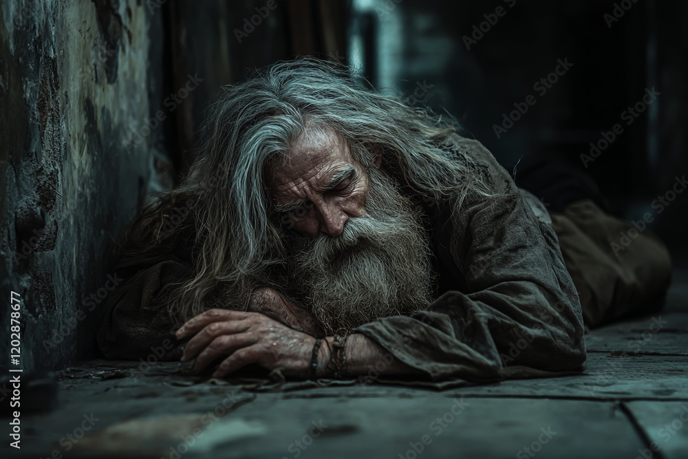 Fototapeta premium An image of an elderly man with long, tangled hair and a thick beard sleeping peacefully on a dusty floor in a chaotic, dirty environment.