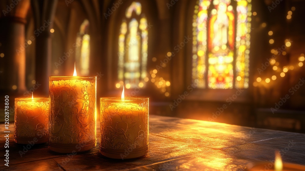 A row of lit candles in varying sizes is placed in front of a blurred background A row of lit candles in varying sizes is placed in front of a blurred background
