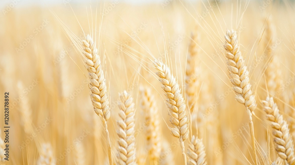 A close-up of golden wheat stalks swaying in a field under soft sunlight.