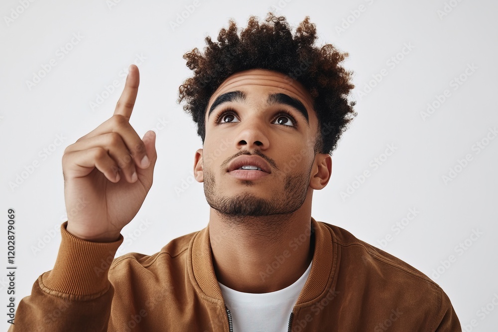 A young man with curly hair points upwards, expressing curiosity or inspiration. A young man with curly hair points upwards, expressing curiosity or inspiration.