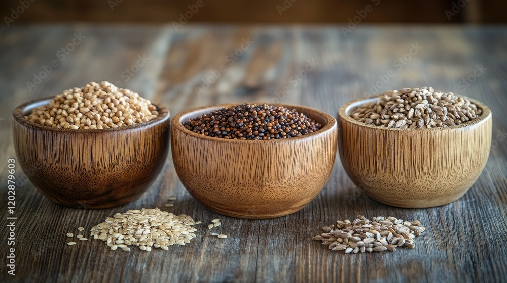 Various raw grains and seeds arranged in a rustic setting.