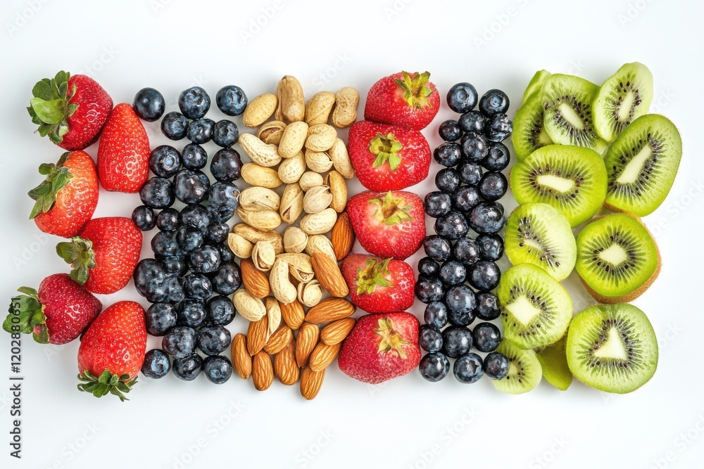 A creative display of a whole30 snack, featuring nuts, fruits A creative display of a whole30 snack, featuring nuts, fruits