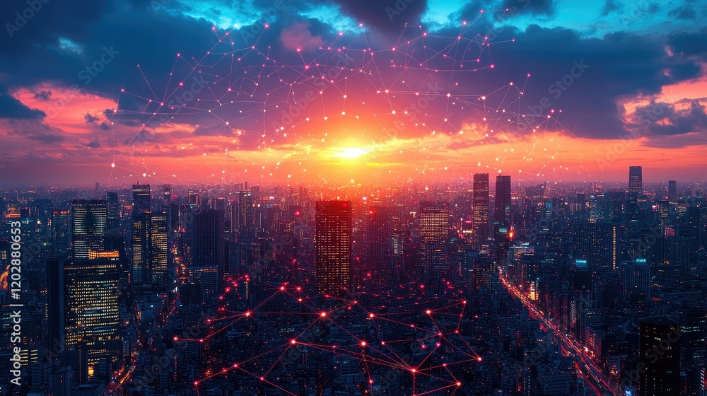 Fototapeta premium A vibrant city skyline at sunset with digital network connections overlaying the scene.