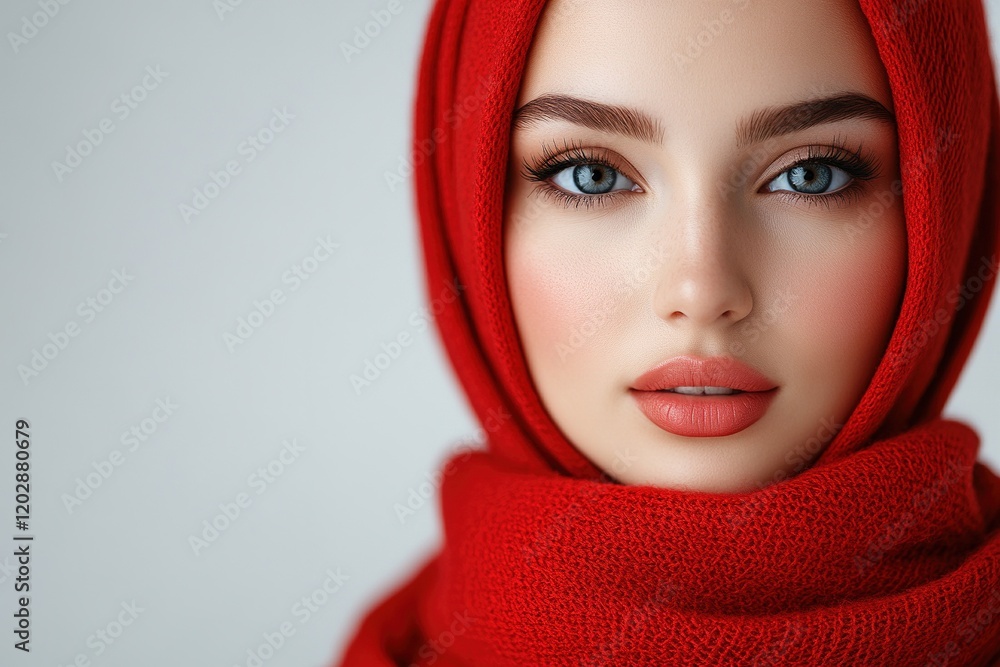 A close-up portrait of a woman in a red scarf, showcasing beauty and elegance. A close-up portrait of a woman in a red scarf, showcasing beauty and elegance.