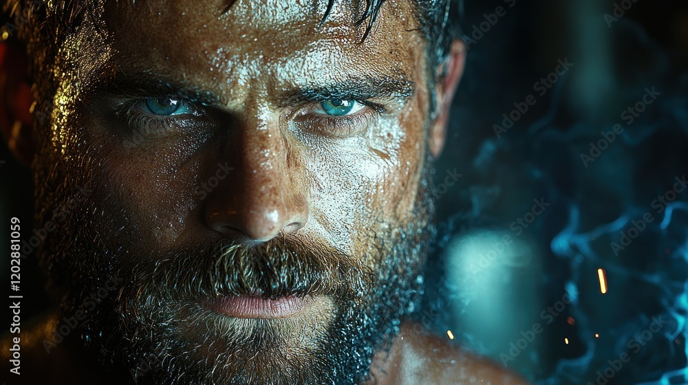 Intense close-up of a muscular man with a beard, glistening with sweat, amidst a smoky background Intense close-up of a muscular man with a beard, glistening with sweat, amidst a smoky background