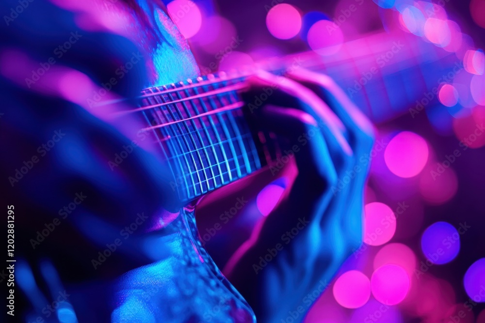 Obraz premium Musician's Hand Strumming Guitar with Electric Blue and Purple Lights, Capturing the Passion of Music and Party Vibes.